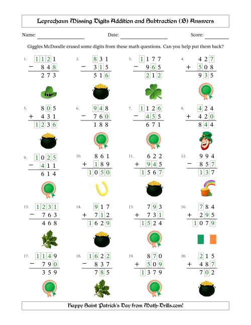 The Leprechaun Missing Digits Addition and Subtraction (Easier Version) (B) Math Worksheet Page 2