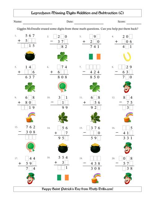 The Leprechaun Missing Digits Addition and Subtraction (Easier Version) (C) Math Worksheet
