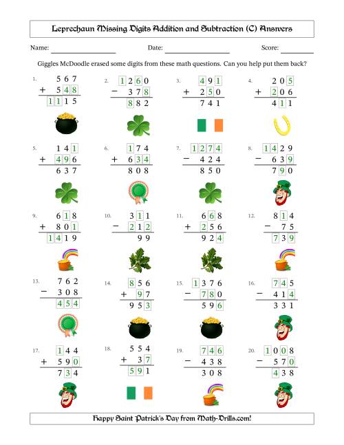 The Leprechaun Missing Digits Addition and Subtraction (Easier Version) (C) Math Worksheet Page 2