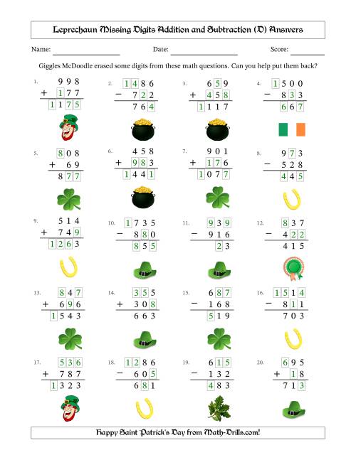 The Leprechaun Missing Digits Addition and Subtraction (Easier Version) (D) Math Worksheet Page 2