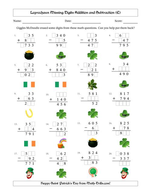 The Leprechaun Missing Digits Addition and Subtraction (Easier Version) (E) Math Worksheet