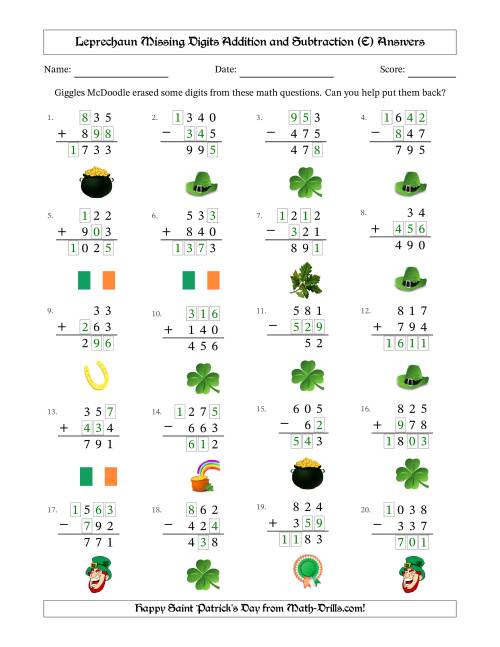 The Leprechaun Missing Digits Addition and Subtraction (Easier Version) (E) Math Worksheet Page 2