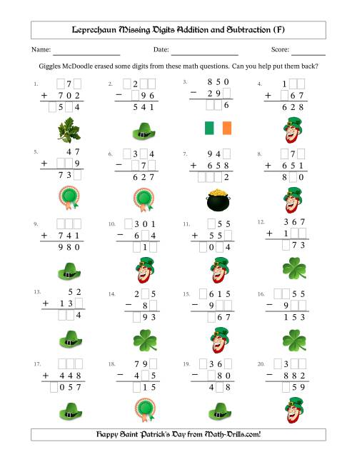 The Leprechaun Missing Digits Addition and Subtraction (Easier Version) (F) Math Worksheet