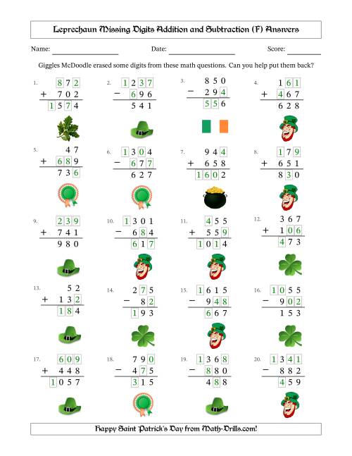 The Leprechaun Missing Digits Addition and Subtraction (Easier Version) (F) Math Worksheet Page 2