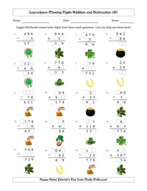 The Leprechaun Missing Digits Addition and Subtraction (Easier Version) (G) Math Worksheet