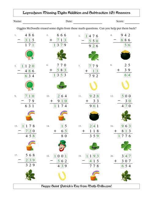 The Leprechaun Missing Digits Addition and Subtraction (Easier Version) (G) Math Worksheet Page 2