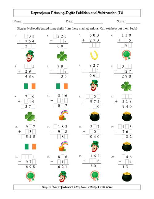 The Leprechaun Missing Digits Addition and Subtraction (Easier Version) (H) Math Worksheet