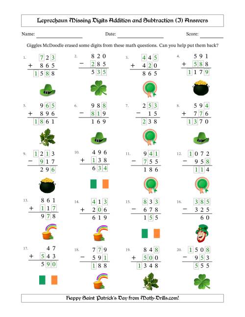 The Leprechaun Missing Digits Addition and Subtraction (Easier Version) (I) Math Worksheet Page 2