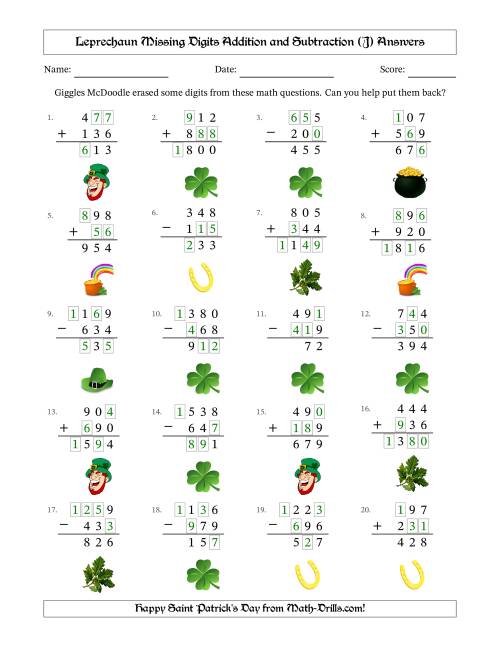 The Leprechaun Missing Digits Addition and Subtraction (Easier Version) (J) Math Worksheet Page 2