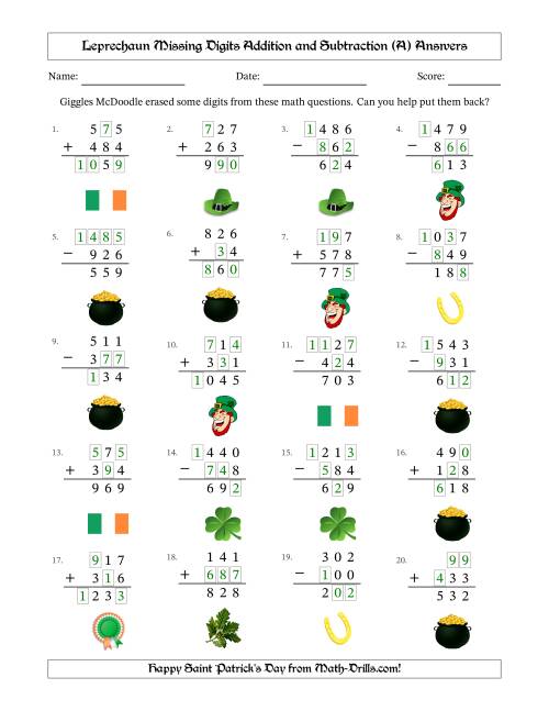 The Leprechaun Missing Digits Addition and Subtraction (Easier Version) (All) Math Worksheet Page 2