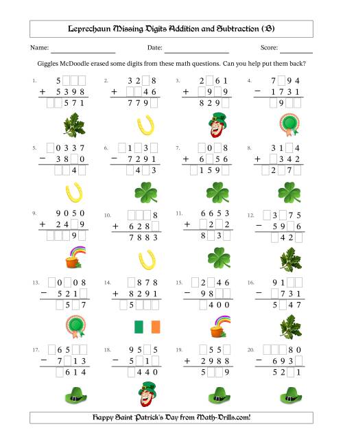 The Leprechaun Missing Digits Addition and Subtraction (Harder Version) (B) Math Worksheet