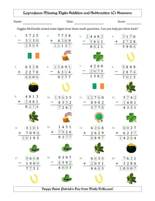 The Leprechaun Missing Digits Addition and Subtraction (Harder Version) (C) Math Worksheet Page 2