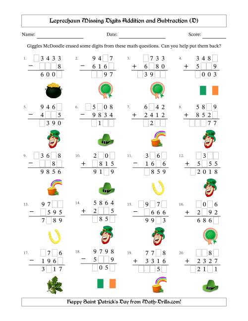 The Leprechaun Missing Digits Addition and Subtraction (Harder Version) (D) Math Worksheet