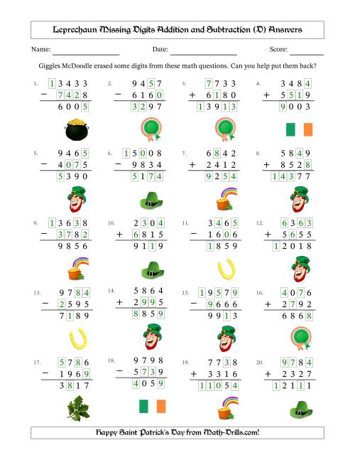 The Leprechaun Missing Digits Addition and Subtraction (Harder Version) (D) Math Worksheet Page 2
