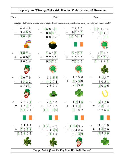The Leprechaun Missing Digits Addition and Subtraction (Harder Version) (G) Math Worksheet Page 2