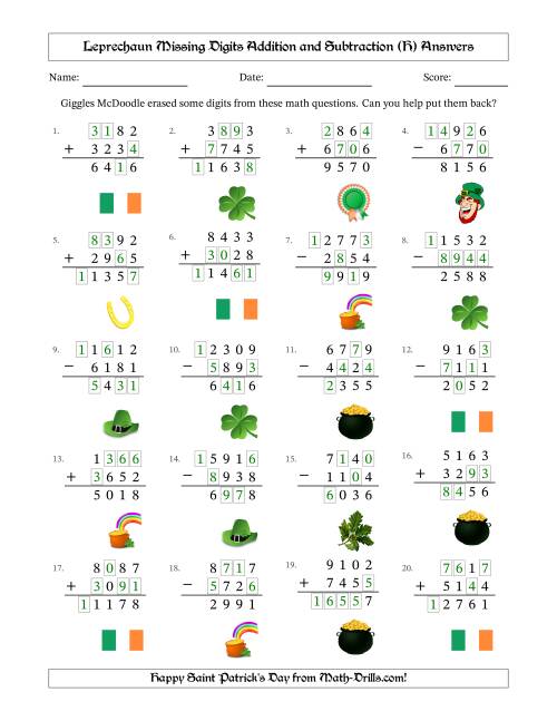 The Leprechaun Missing Digits Addition and Subtraction (Harder Version) (H) Math Worksheet Page 2