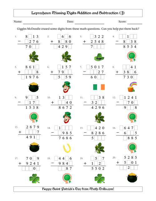 The Leprechaun Missing Digits Addition and Subtraction (Harder Version) (J) Math Worksheet