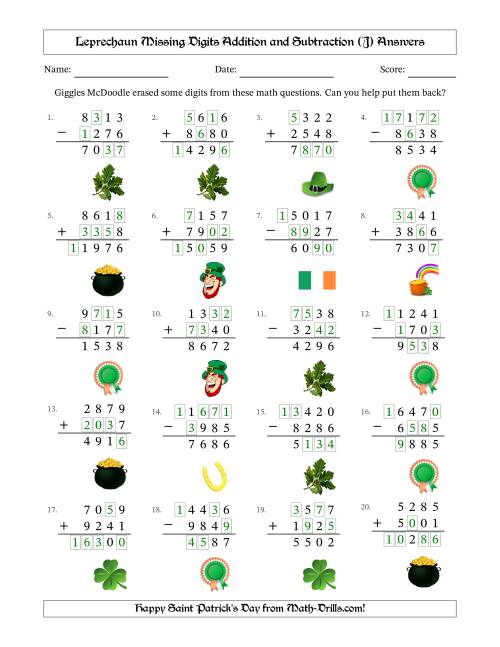 The Leprechaun Missing Digits Addition and Subtraction (Harder Version) (J) Math Worksheet Page 2
