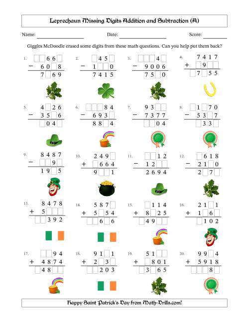 The Leprechaun Missing Digits Addition and Subtraction (Harder Version) (All) Math Worksheet