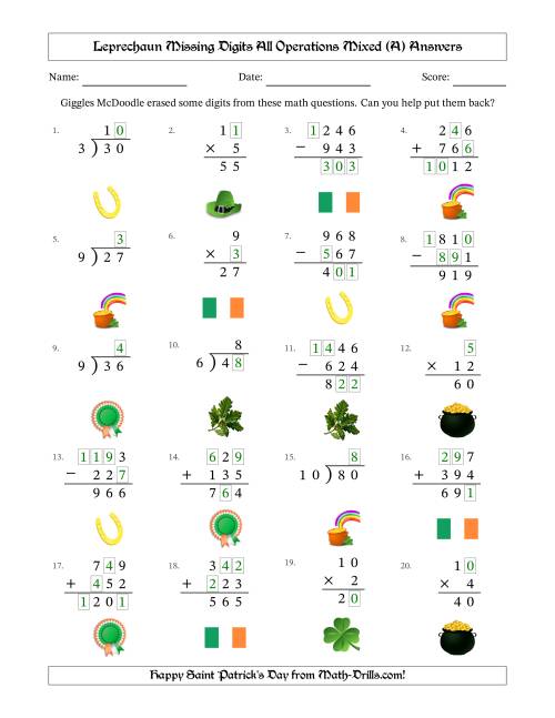 The Leprechaun Missing Digits All Operations Mixed (Easier Version) (A) Math Worksheet Page 2