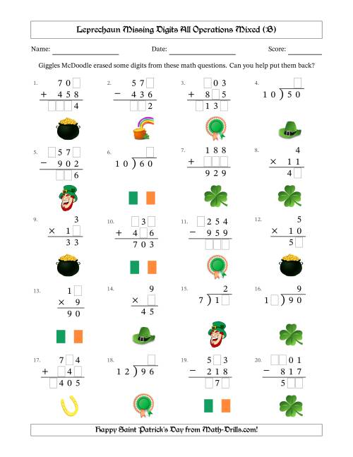 The Leprechaun Missing Digits All Operations Mixed (Easier Version) (B) Math Worksheet