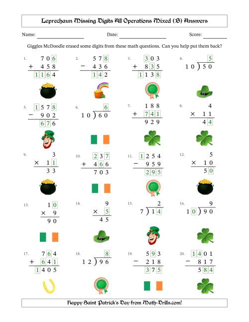 The Leprechaun Missing Digits All Operations Mixed (Easier Version) (B) Math Worksheet Page 2