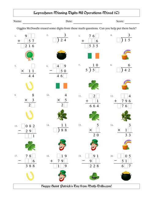 The Leprechaun Missing Digits All Operations Mixed (Easier Version) (C) Math Worksheet