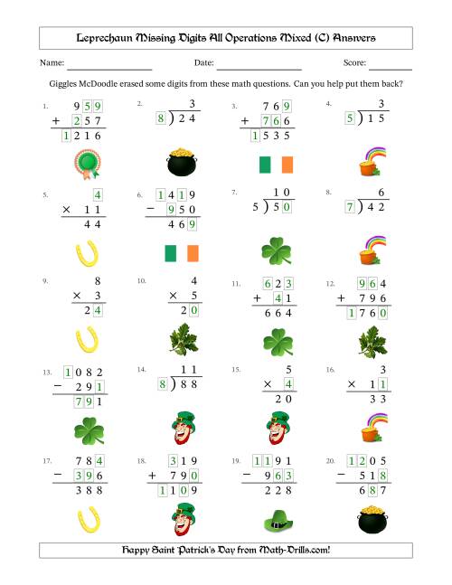The Leprechaun Missing Digits All Operations Mixed (Easier Version) (C) Math Worksheet Page 2