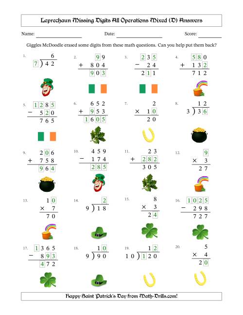 The Leprechaun Missing Digits All Operations Mixed (Easier Version) (D) Math Worksheet Page 2