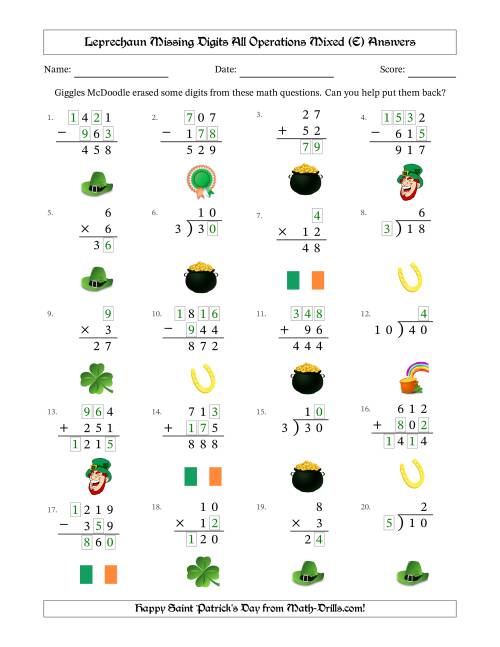 The Leprechaun Missing Digits All Operations Mixed (Easier Version) (E) Math Worksheet Page 2
