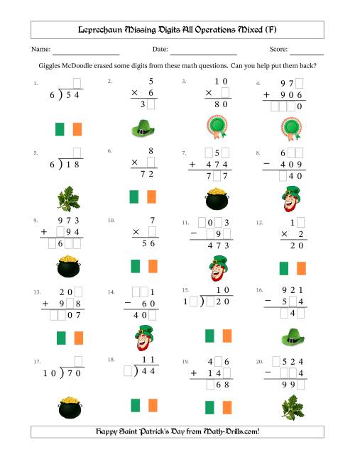 The Leprechaun Missing Digits All Operations Mixed (Easier Version) (F) Math Worksheet