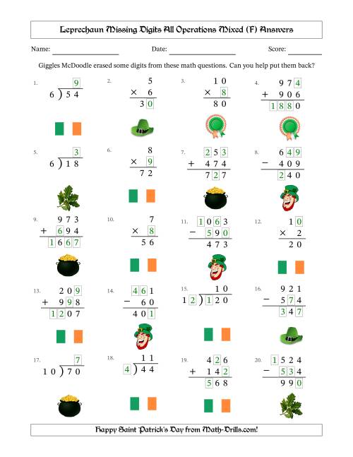 The Leprechaun Missing Digits All Operations Mixed (Easier Version) (F) Math Worksheet Page 2