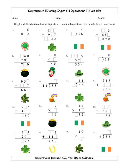 The Leprechaun Missing Digits All Operations Mixed (Easier Version) (G) Math Worksheet