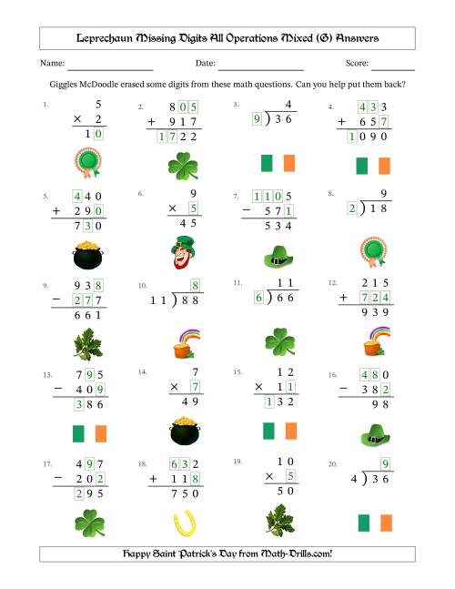 The Leprechaun Missing Digits All Operations Mixed (Easier Version) (G) Math Worksheet Page 2