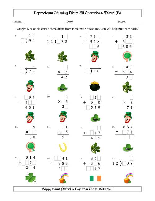 The Leprechaun Missing Digits All Operations Mixed (Easier Version) (H) Math Worksheet