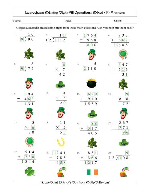 The Leprechaun Missing Digits All Operations Mixed (Easier Version) (H) Math Worksheet Page 2