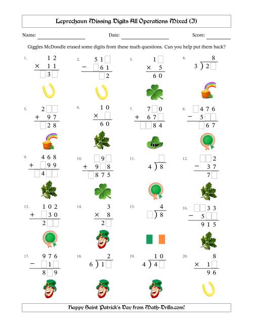 The Leprechaun Missing Digits All Operations Mixed (Easier Version) (I) Math Worksheet