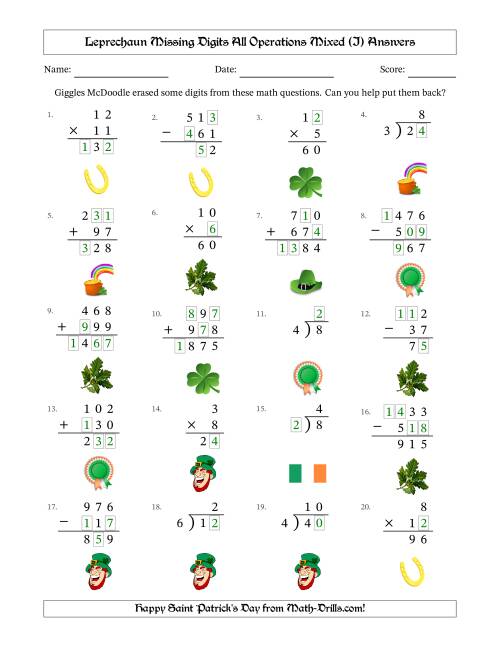 The Leprechaun Missing Digits All Operations Mixed (Easier Version) (I) Math Worksheet Page 2