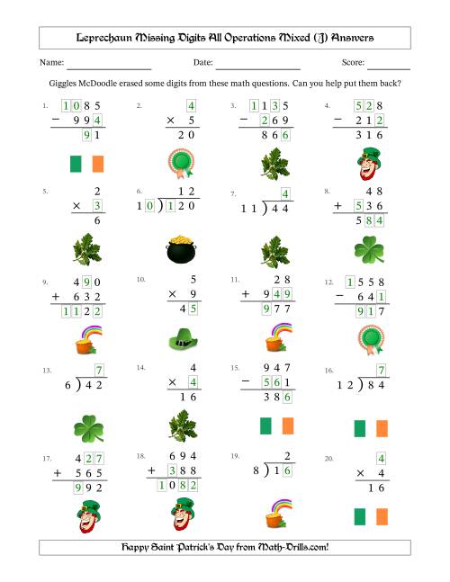 The Leprechaun Missing Digits All Operations Mixed (Easier Version) (J) Math Worksheet Page 2