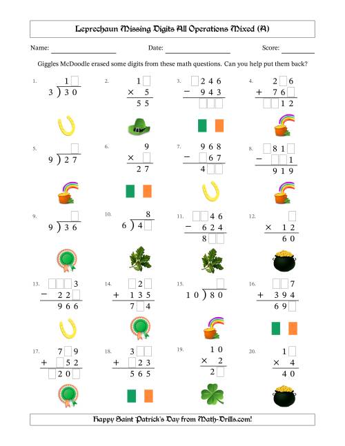 The Leprechaun Missing Digits All Operations Mixed (Easier Version) (All) Math Worksheet
