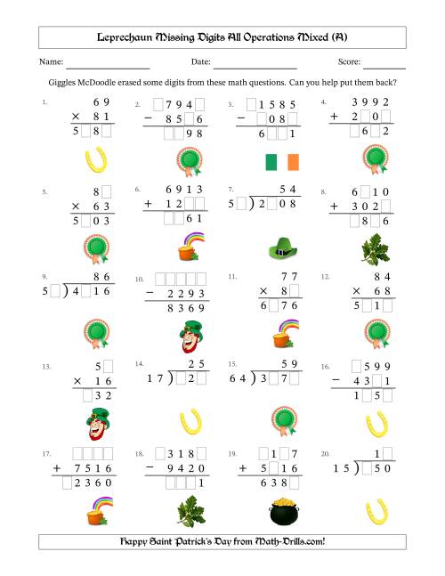 The Leprechaun Missing Digits All Operations Mixed (Harder Version) (A) Math Worksheet