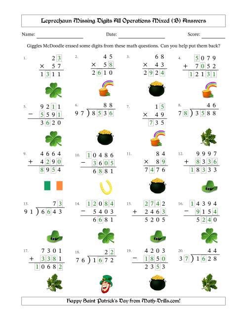 The Leprechaun Missing Digits All Operations Mixed (Harder Version) (B) Math Worksheet Page 2