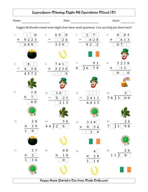 The Leprechaun Missing Digits All Operations Mixed (Harder Version) (D) Math Worksheet
