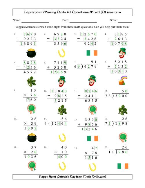 The Leprechaun Missing Digits All Operations Mixed (Harder Version) (D) Math Worksheet Page 2
