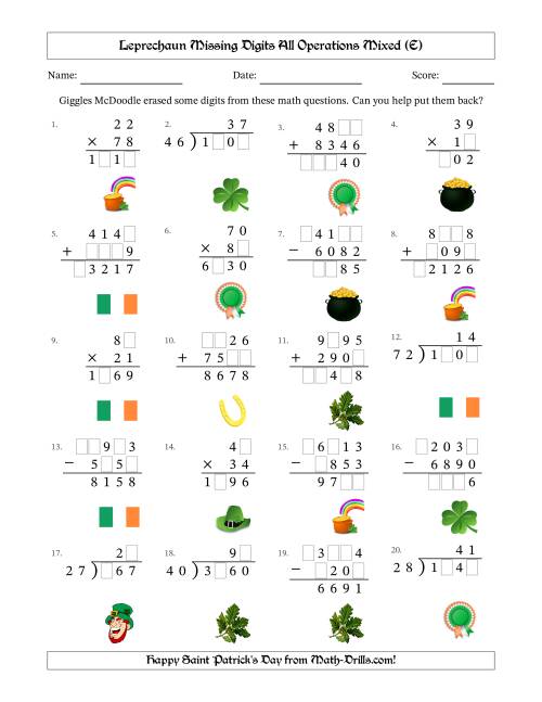 The Leprechaun Missing Digits All Operations Mixed (Harder Version) (E) Math Worksheet