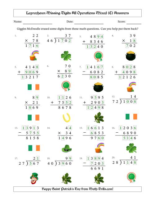 The Leprechaun Missing Digits All Operations Mixed (Harder Version) (E) Math Worksheet Page 2