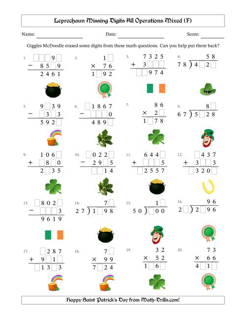 The Leprechaun Missing Digits All Operations Mixed (Harder Version) (F) Math Worksheet