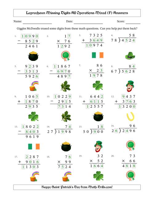 The Leprechaun Missing Digits All Operations Mixed (Harder Version) (F) Math Worksheet Page 2