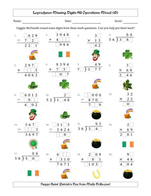 The Leprechaun Missing Digits All Operations Mixed (Harder Version) (G) Math Worksheet