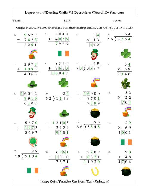 The Leprechaun Missing Digits All Operations Mixed (Harder Version) (G) Math Worksheet Page 2